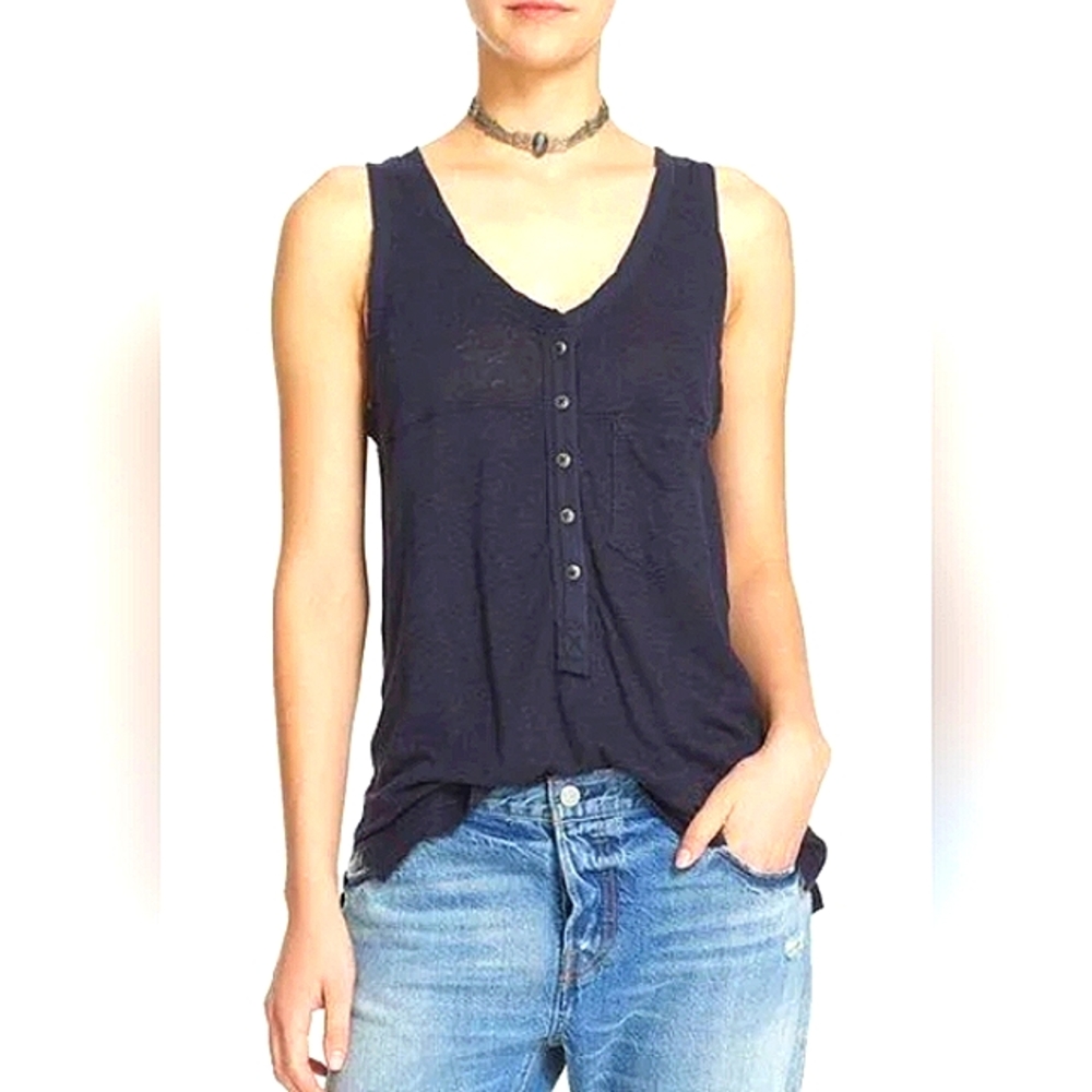 Free People Traveler Tank Top Oversized Navy Blue 100% Linen Boho Size S